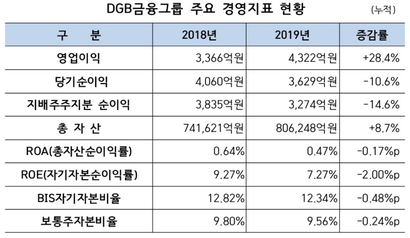 △ DGB금융그룹의 2019년 주요 경영지표. /사진=DGB금융