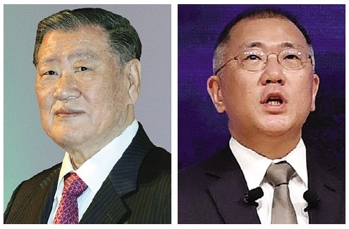 정몽구 현대차그룹 회장(왼쪽)과 정의선 현대차그룹 수석부회장.