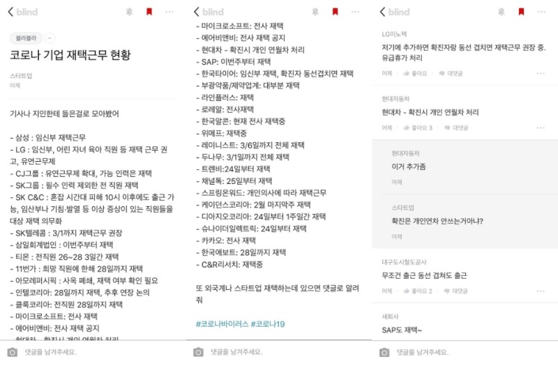 블라인드에 게시되었던 코로나19 관련 기업 재택근무 현황/사진=블라인드