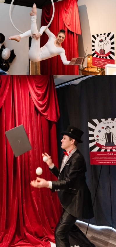 LG그램 축제에서 곡예사들이 LG그램 17로 저글링, 공중 곡예하는 모습/사진=LG전자
