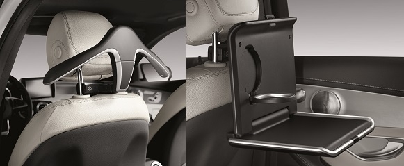 벤츠 차량용 옷걸이(왼쪽)과 접이식 탁자.