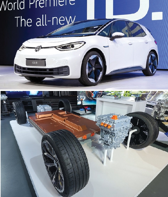 ▲ 폭스바겐 ID3(위), GM 3세대 전기차 플랫폼