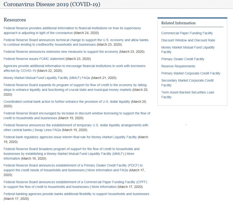 연준은 최근 코로나19 대응과 관련해 다양한 조치들을 쏟아냈다. 출처: 연준 홈페이지