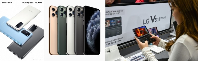 (좌측부터) 삼성전자 갤럭시 S20, 애플 아이폰11, LG전자 고객이 LG V50S를 체험하는 모습/사진=삼성전자, 애플, LG전자