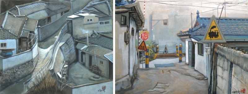 좌)송재진. 흔적과 기억-관사골1. watercolor on paper. 53x44cm. 2008 / 우)송재진. 흔적과 기억-새지골. watercolor on paper. 51x36cm. 2009