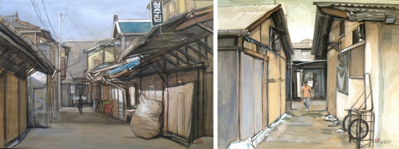 좌)송재진. 흔적과 기억-후생시장1. mixid media on paper. 72.7x50cm. 2017/ 우)송재진. 흔적과 기억-후생시장3. mixid media on pape.r 61x50cm. 2017