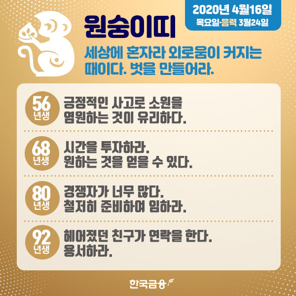 오늘의 운세 (4월16일 목요일) 생년월일 운세