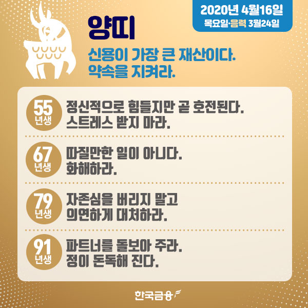 오늘의 운세 (4월16일 목요일) 생년월일 운세