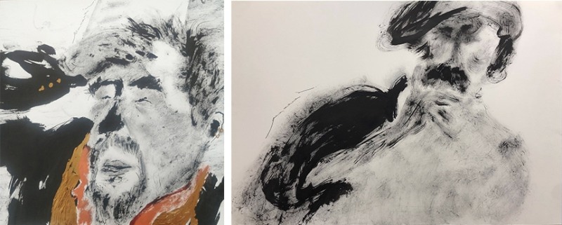 좌)감만지, P관장, 37x37cm, 종이위에 먹, 2020 / 우)감만지, 화가의 고뇌, 78x54cm, Mixed media on paper, 2019