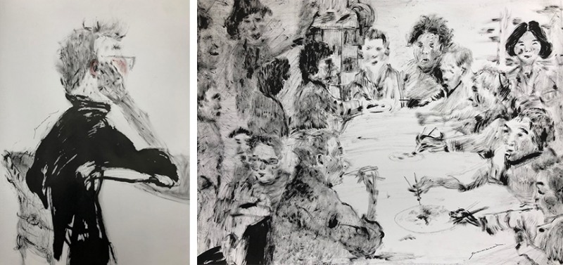 좌)감만지, 빨개진 귀, 75x100cm, Mixed media on paper, 2019 / 우)감만지, 호박전 파티,70x90cm_Mixed media on paper_2019