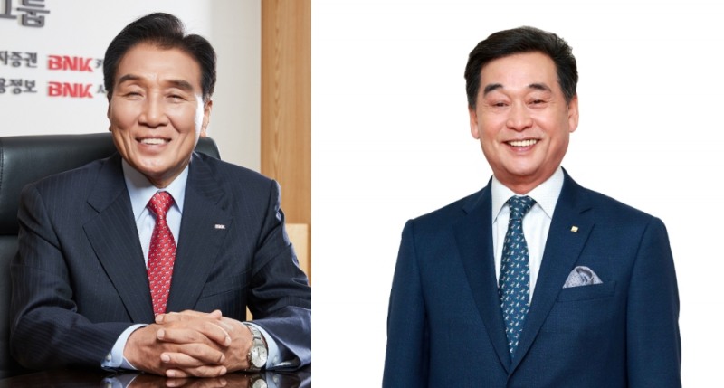 △ 김지완 BNK금융그룹 회장(왼쪽)과 김기홍 JB금융그룹 회장(오른쪽). /사진=각사