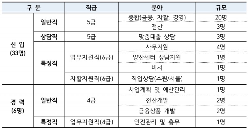 △ 2020년 신입 및 경력직 채용분야 및 규모. /자료=서민금융진흥원