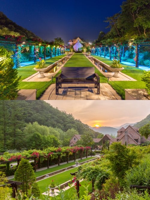 (상단) 제이드가든 수목원 이탈리아가든 야경 (하단) 제이드가든 전경/사진=한화호텔앤드리조트