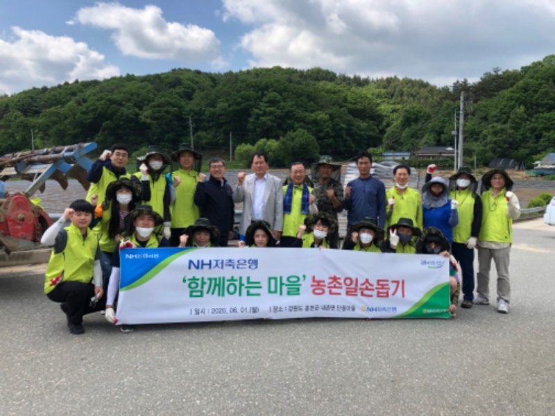 1일 강원도 홍천군 내촌면 단풍마을에서 진행된 함께하는 마을 농촌일손돕기 활동에서 김건영 대표이사(뒷줄 왼쪽에서 여섯번째)와 임직원 봉사단이 일손돕기 후 기념촬영을 하고 있다./사진=NH저축은행
