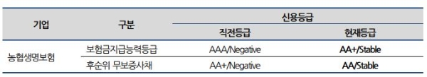 NH농협생명 장기신용등급 전망 조정 현황. / 사진 = 나이스신용평가