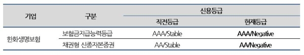 한화생명 장기신용등급 전망 조정 현황. / 사진 = 나이스신용평가