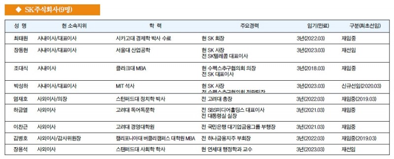 [주요 기업 이사회 멤버] SK주식회사(9명)