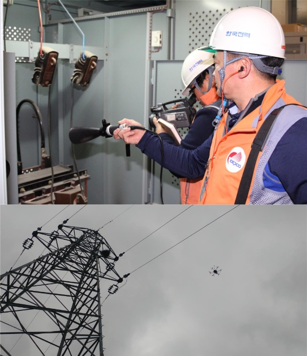 (위) 고압 고객 초음파 진단 (아래) 배전철탑 드론 점검/사진=한전