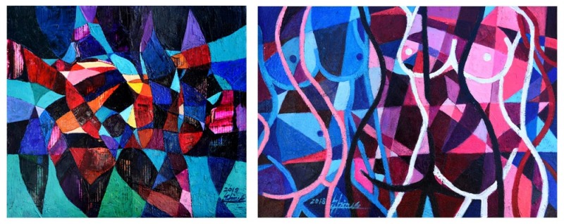 (좌)2019.보헤미안 랩소디. 하드보드에 유화/ (우) 2018. 누드 콤포지션. 23x32cm. 하드보드에 유화