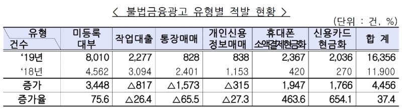 △ 불법금융광고 유형별 적발 현황. /자료=금감원