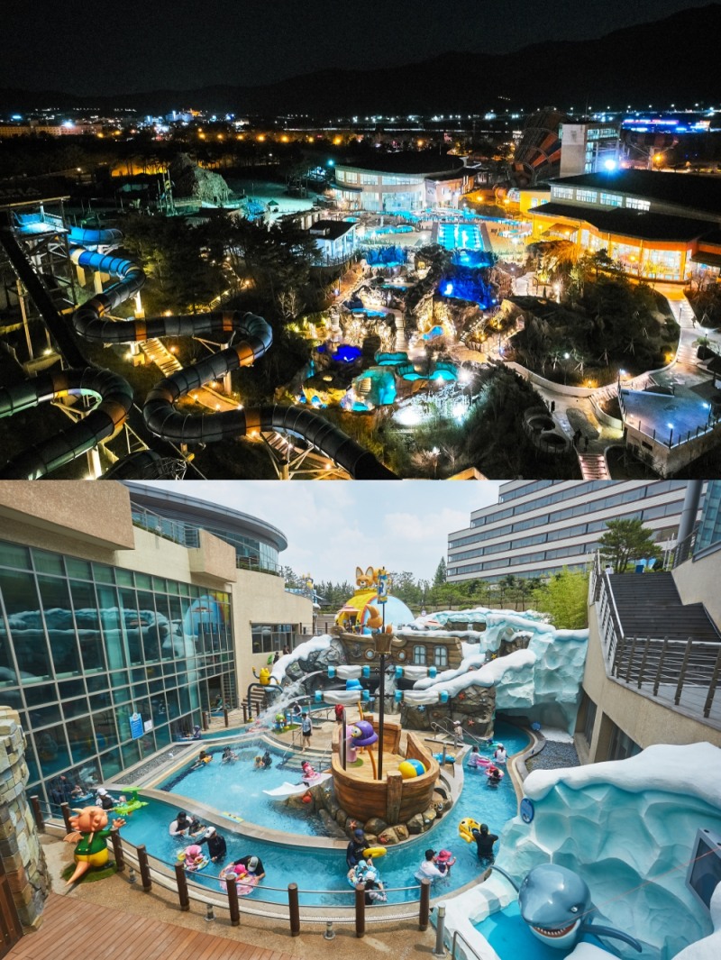 (위) 설악 워터피아의 야경 (아래) 경주 뽀로로 아쿠아 빌리지 모습/사진=한화호텔앤드리조트