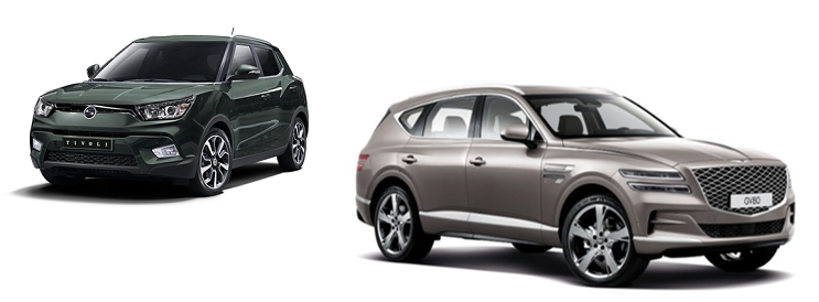 쌍용 티볼리(왼쪽)과 제네시스 GV80.