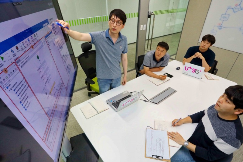 LG유플러스 NW부문 직원들이 RPA 솔루션을 주제로 토론하고 있다/사진=LG유플러스