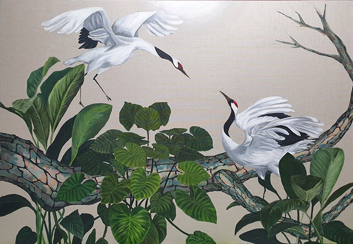 김소연作. 선학도(仙鶴圖). 162.2×112.1cm. acrylic on canvas. 2020