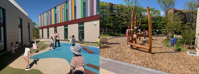 포스코 금당어린이집의 옥상 놀이터, 숲속 놀이터에서 원아들이 맘껏 뛰어놀고 있다/사진=포스코