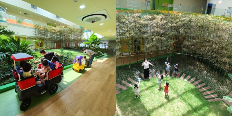 포스코 동촌어린이집 2층 높이의 실내정원에서 원아들이 자연을 직접 체험하고 있다/사진=포스코