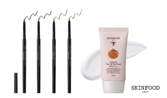 (왼쪽부터)초코 아이브로우 슬림 펜슬과 토마토 톤 업 선크림. / 사진 = 스킨푸드