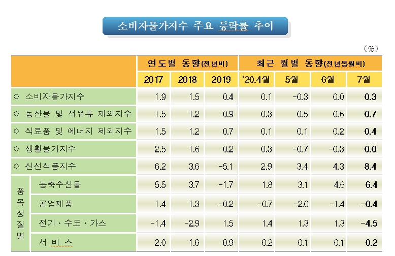 7월 소비자물가 전월비 보합, 전년비 0.3% 상승..전년비 플러스로 전환 (종합)