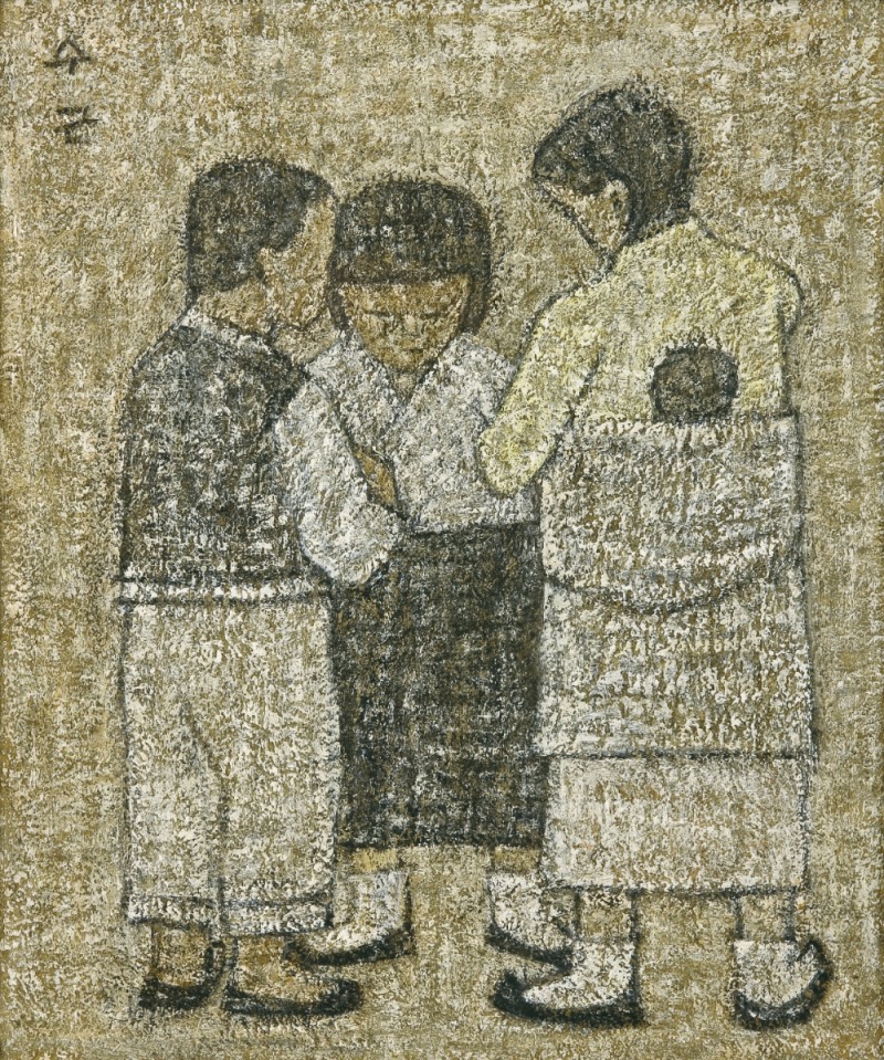 박수근作 <아기 업은 소녀와 아이들> Oil on Canvas, 45.8 x 37.5cm, 1952년│개인소장│ⓒPark Soo Keun/사진 제공=포스코
