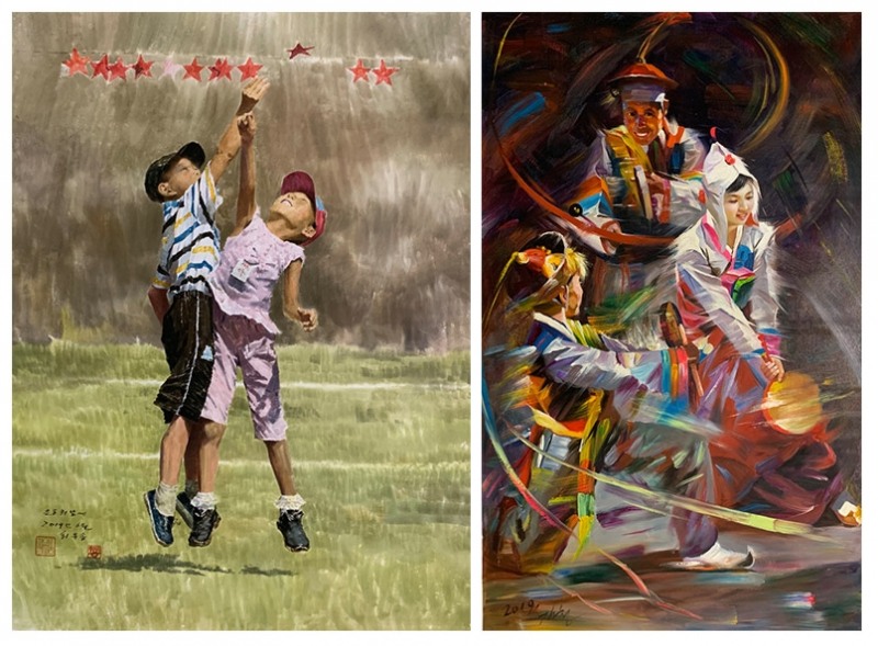 좌) 최유송, 운동회, 144×112㎝, 2019, 우) 김 철, 사물놀이, 129×79㎝, 2019