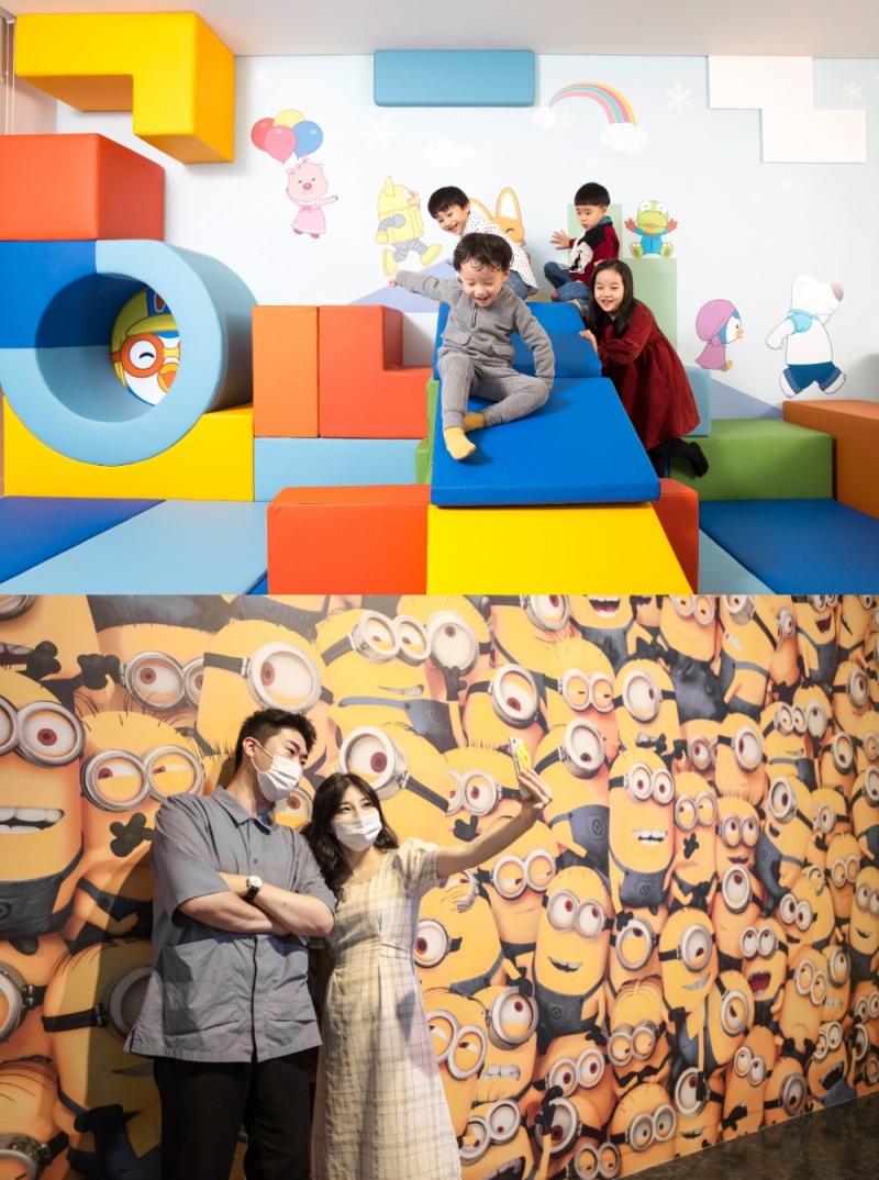 (위) 한화리조트 경주의 뽀로로 객실에서 노는 아이들 (아래) 한화 아쿠아플라넷 제주의 미니언스 특별전을 즐기는 관객들/사진=한화호텔앤드리조트