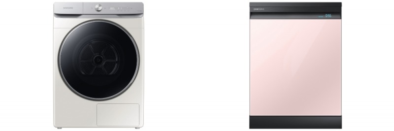 (왼쪽) '에너지 효율상'을 받은 '그랑데 건조기 AI'와 (오른쪽) '에너지 기술상'을 받은 '비스포크 식기세척기'/사진=삼성전자