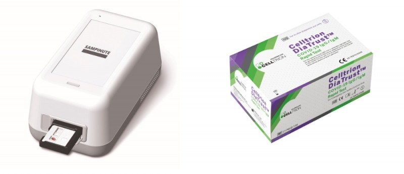 코로나19 진단키트. POCT 샘피뉴트(왼쪽)와 DRT 디아트러스트. 제공=셀트리온.