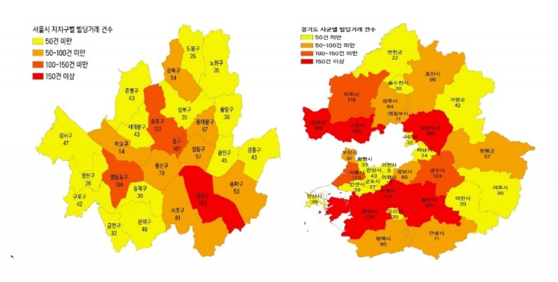 서울-경기 시군구별 빌딩거래 건수 추이 / 자료=부동산플래닛