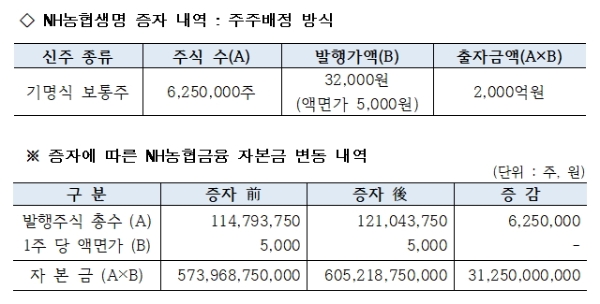 NH농협생명 유상증자 내역 표. / 사진 = NH농협생명