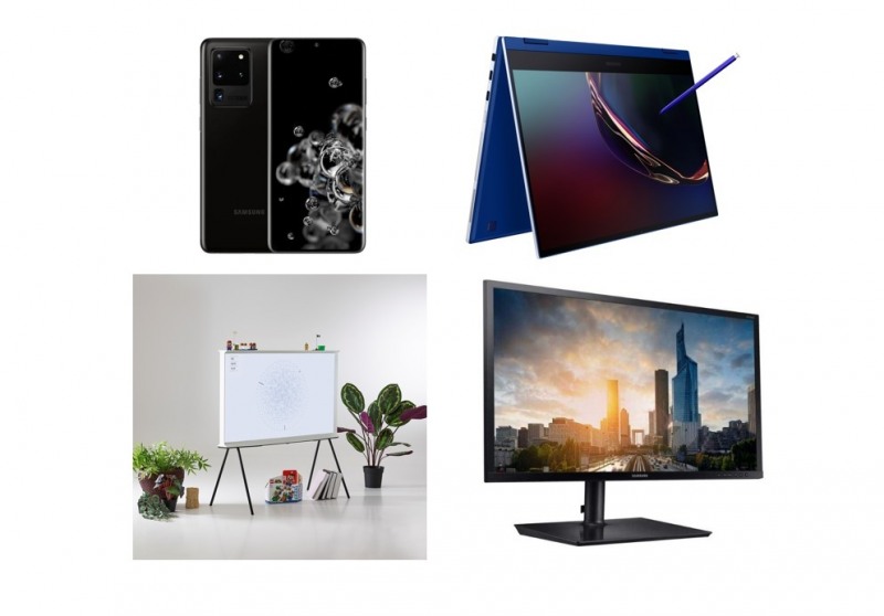 (시계방향으로) 갤럭시S20울트라, 갤럭시 북 플렉스, 모니터 SH650, 라이프스타일 TV 49형 더 세리프/사진=삼성전자