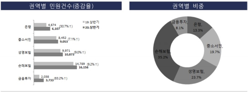 2020년 상반기 권역별 금융민원 건수와 비중. /자료=금감원