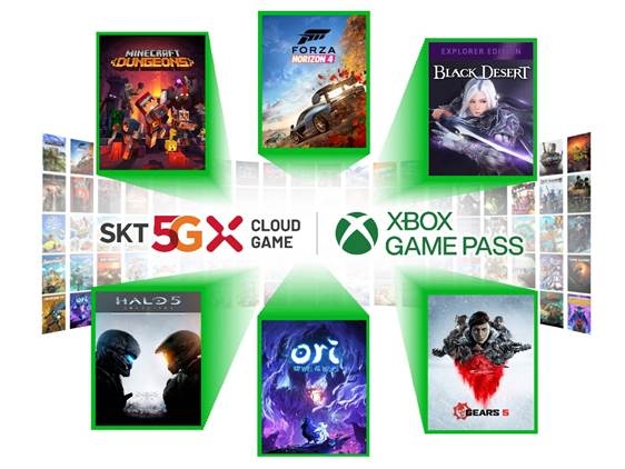 ‘SKT 5GX 클라우드’ 대표 게임 : (왼쪽 상단부터 시계 방향으로) 온가족이 함께   즐기는 ‘마인크래프트 던전스’, 스테디 셀러 ‘포르자 호라이즌4’, 국내 개발사의 대표작 ‘검은 사막’, 슈팅게임의 대명사 ‘기어스5’, ‘오리와 도깨비불’, ‘헤일로 5: 가디언스’/사진=SK텔레콤