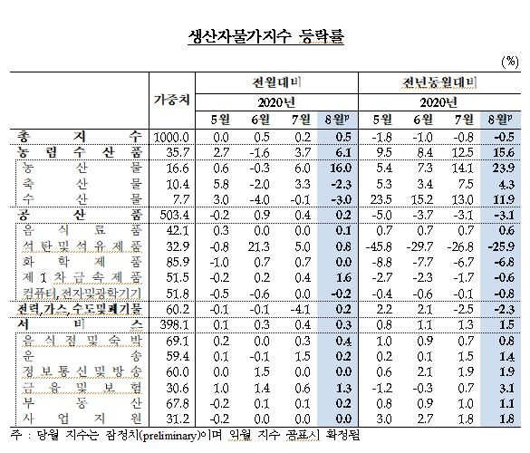 8월 생산자물가지수 전월비 0.5% 상승...3개월 연속 상승 - 한은