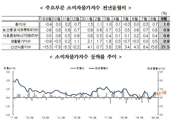 9월 소비자물가 전년비 1.0% 상승하며 6개월만에 1%로...전월비 0.7% 급등(종합)
