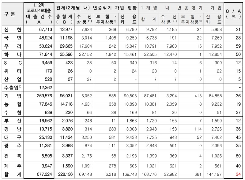 코로나19 대출 관련 시중은행의 자체 점검 결과. /자료=금융감독원(김한정 의원실 제공)