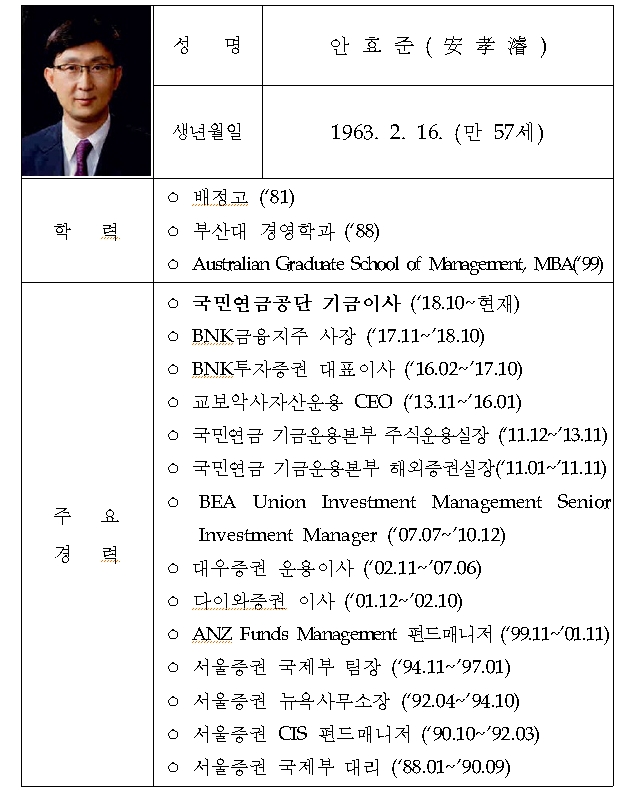 안효준 국민연금 기금운용본부장 1년 연임 성공