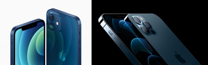 아이폰12 모델의 블루 색상(왼쪽)과 아이폰12 프로 모델의 퍼시픽 블루 색상(오른쪽)/사진=애플코리아