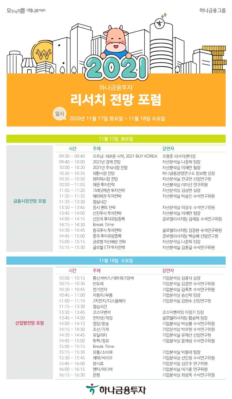 하나금융투자, ‘2021년 리서치 전망 포럼’ 언택트 방식으로 개최