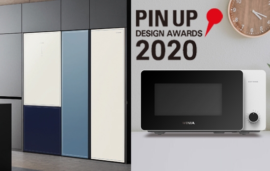 위니아전자, 2020 핀업 디자인 어워드 수상작. '클라쎄 퍼니처 시리즈 냉장고'(왼쪽)와 '15리터 싱글컨트롤 전자레인지' (오른쪽)/사진=위니아전자