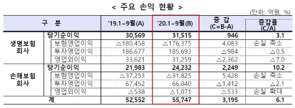 보험사 3분기 주요 손익 현황. / 사진 = 금융감독원